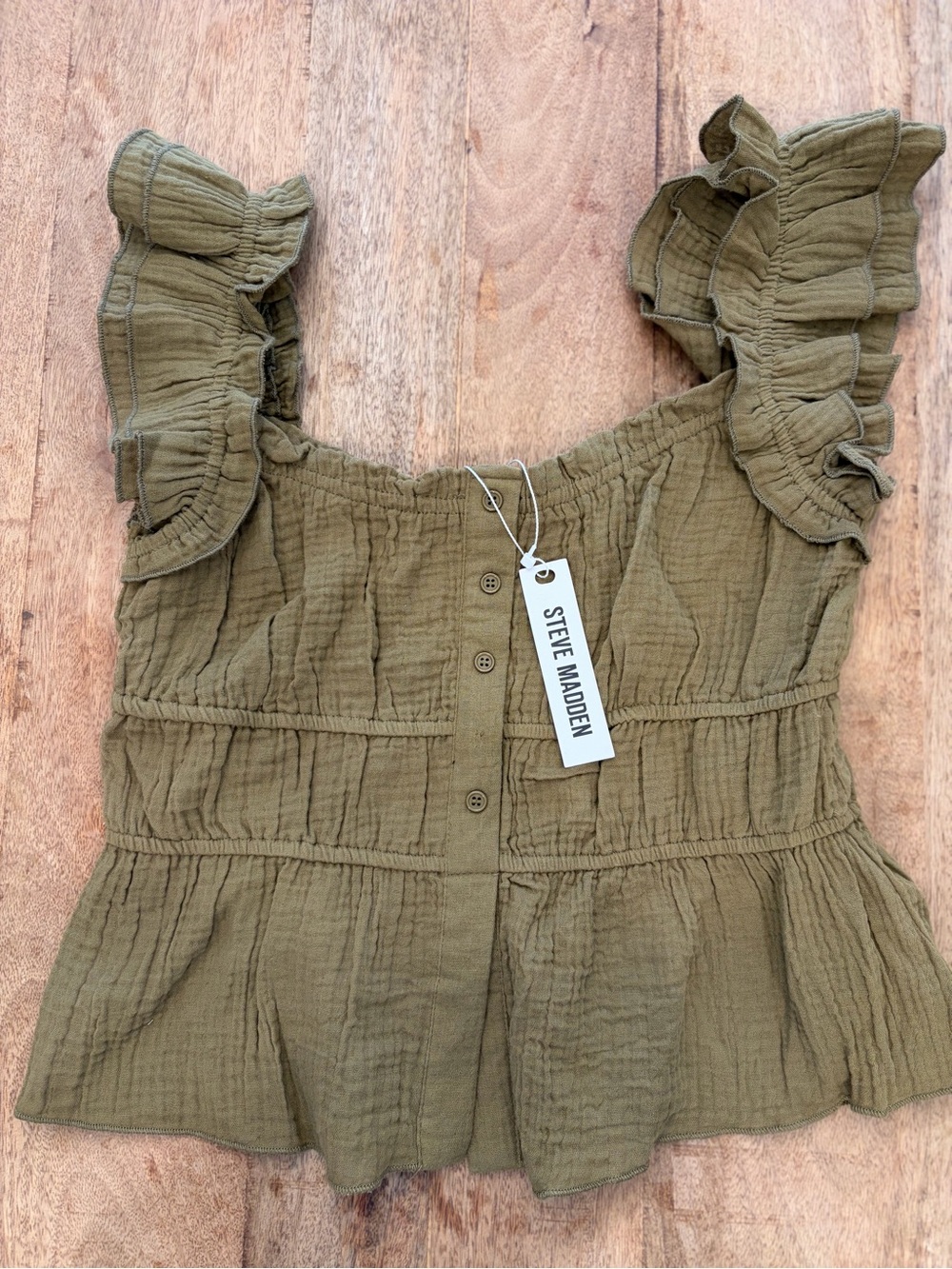 Steve Madden Olive Ruffle Sleeve Button Front Top NWT